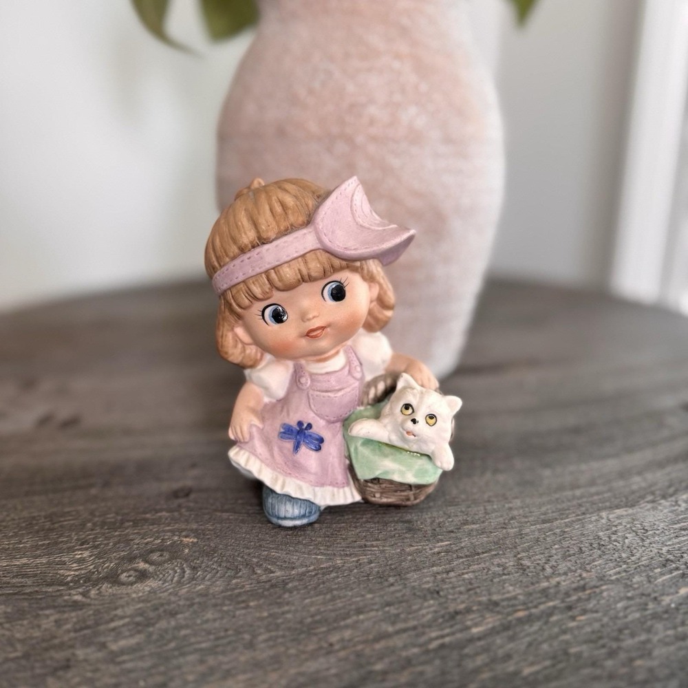 Vintage Homeco Porcelain Figurine Girl in Pink Dress with White Cat in Basket